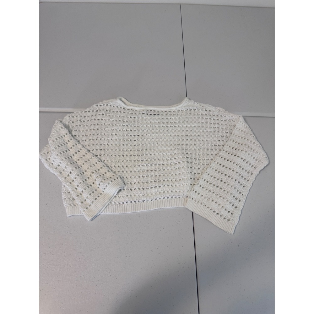 Hollister White Open Knit Cropped Sweater Long Sleeve Crewneck Large m3 - Picture 2 of 6